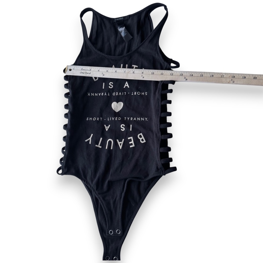 FOREVER 21 Black “Beauty Is A Short-Lived Tyranny” Strappy Side Bodysuit Size S - Picture 8 of 9
